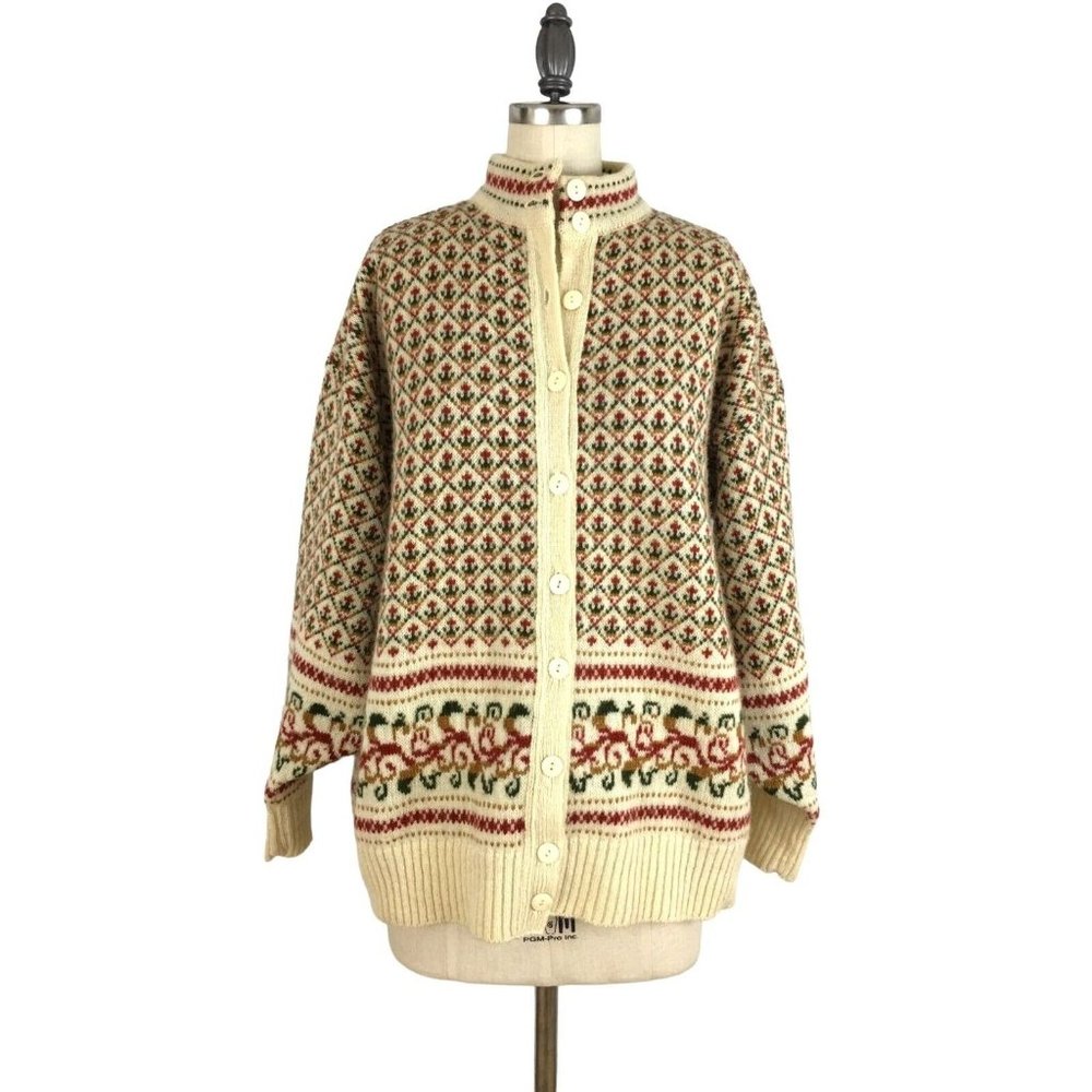 Compliments Vintage Pure New Wool Cardigan Sweater Fassett Fair Isle Tulips XL